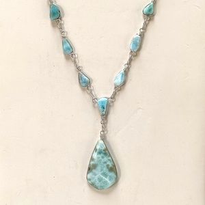 Larimar Silver Wire WrappedChain Pendant  Necklace 18 Inches